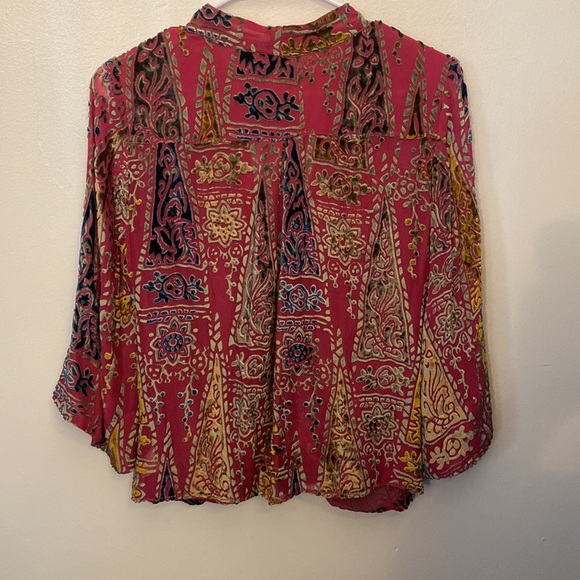 Anthropologie Floreat Velvet Japonica Wrap Blouse Magenta Gold Silk Size Medium - Picture 3 of 6
